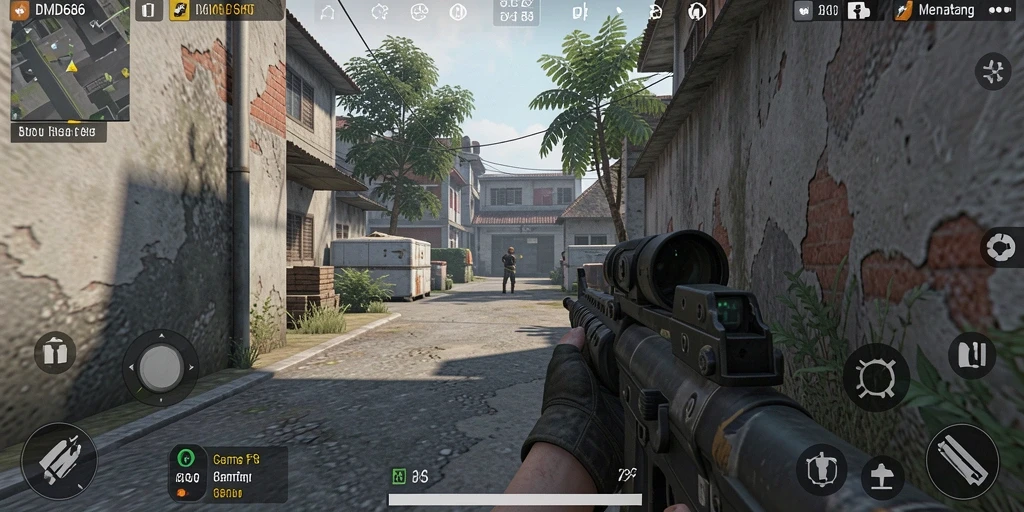 Screenshot menampilkan aksi seru dalam gameplay DMD686 di mode FPS.