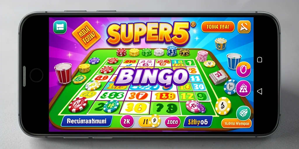 Screenshot gameplay Bingo SUPER5 yang penuh warna dan interaktif.