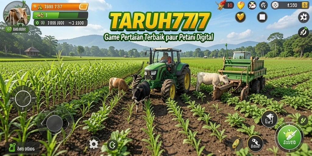 Tampilan gameplay TARUH777 dengan kebun yang subur dan hewan ternak.