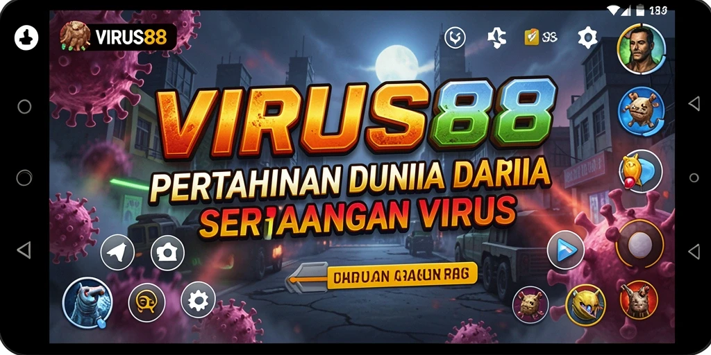 Tampilan gameplay VIRUS88 yang menarik dengan pertahanan menara menghadapi virus.